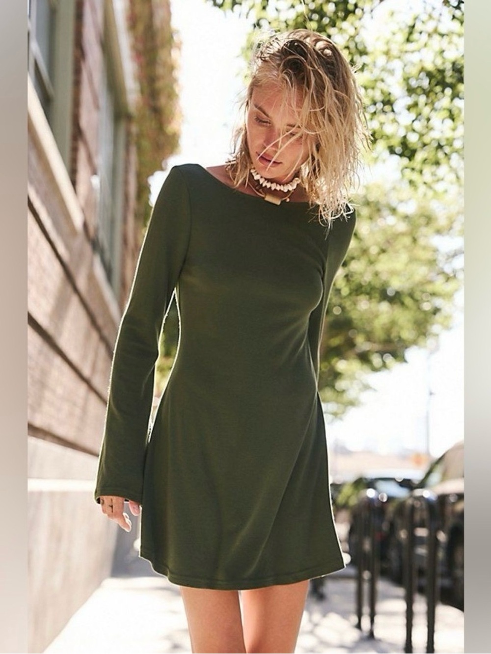 Free People Beach Open Back Long Sleeve Swing Olive Green Mini Dress Casual